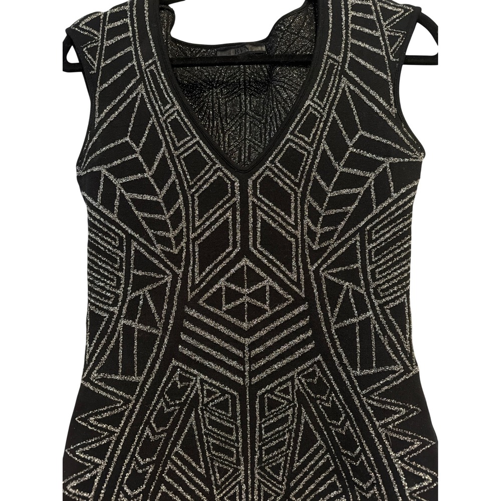 RVN Abstract Jacquard Mini Dress Black Silver Metallic V-Neck Bodycon Small - Picture 5 of 11